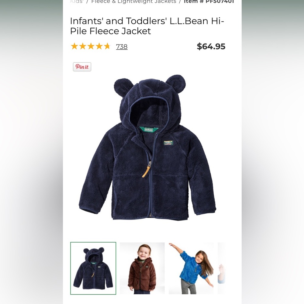 L.L. Bean Navy Hi-Pile Fleece Jacket for Kids